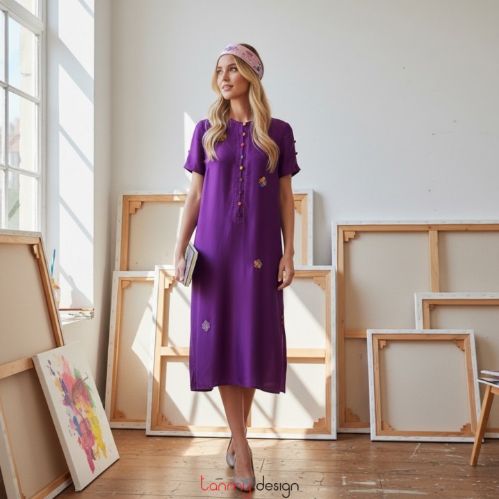 Purple silk dress embroidered with coin symbol